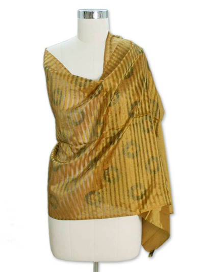 Fair Trade Mustard Yellow 100% Silk Patterned Shawl from India