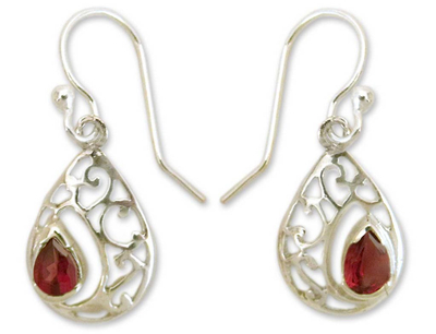 Earrings with Garnet and Sterling Silver Handmade in India