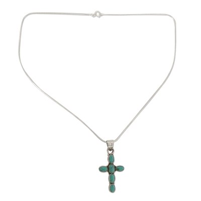 Turquoise Colored Cross Sterling Silver Pendant Necklace