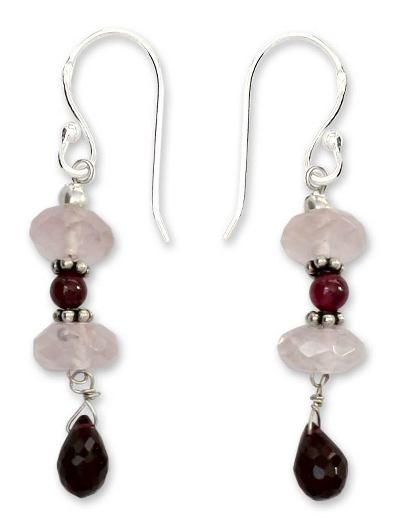 Garnet and rose quartz dangle earrings