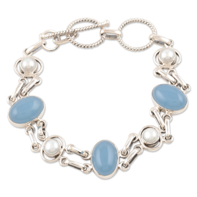 Chalcedony and Pearl Handmade Sterling Silver Link Bracelet
