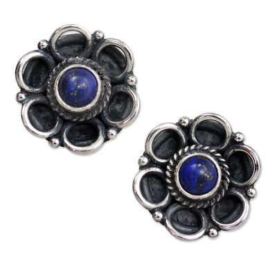 Indian Floral Sterling Silver Button Lapis Lazuli Earrings
