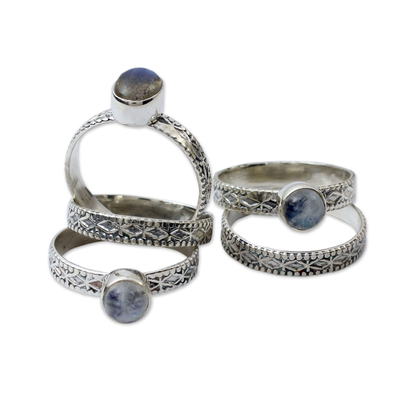 Unique Rainbow Moonstone and Labradorite Stacking Rings