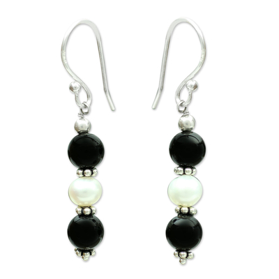 Onyx and pearl dangle earrings