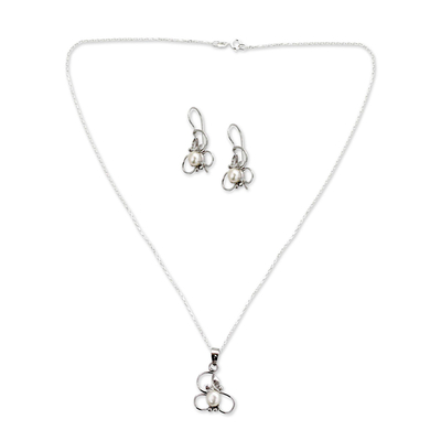 Hand Crafted Floral Pearl Jewelry Set in Sterling Silver