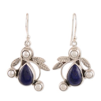 Pearl and Lapis Lazuli Earrings Sterling Silver Jewelry
