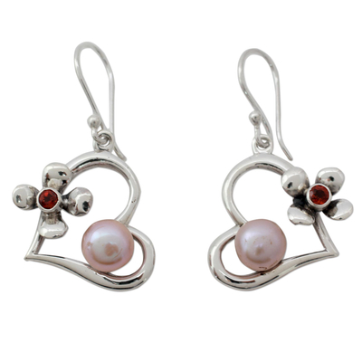 Hearts and Flowers Earrings with Pearls Garnets and Silver