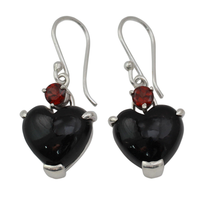 Onyx Heart Earrings with Garnet and Sterling Silver