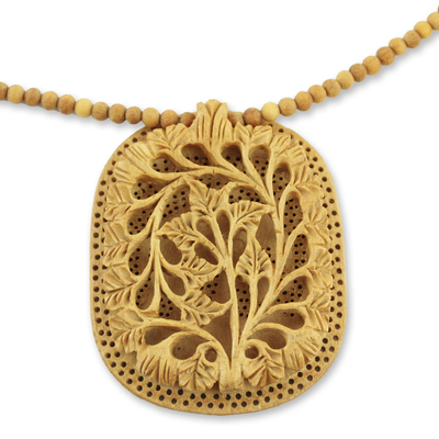 Hand Made Indian Floral Wood Pendant Necklace