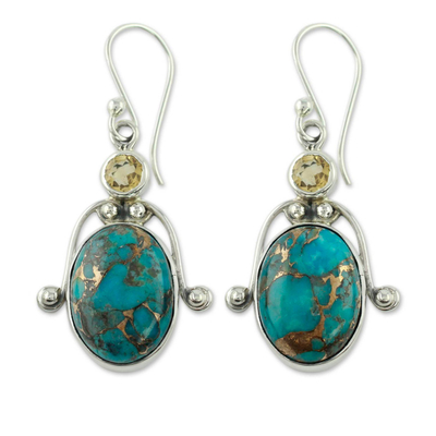 Citrine and Comp Turquoise Earrings Modern Silver Jewelry