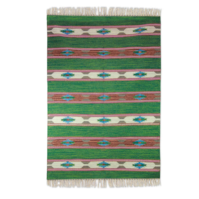 Wool Dhurrie Rug (4x6) in Green, Orange and Blue