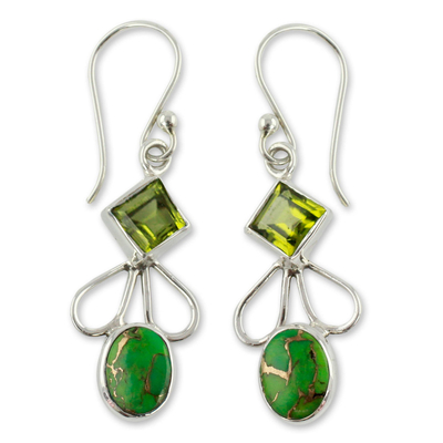 Peridot Comp Turquoise and Silver Artisan Crafted Earrings