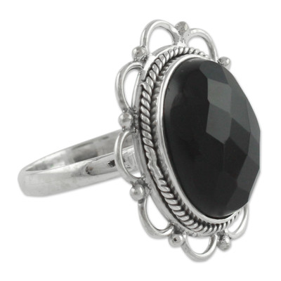 Onyx and Sterling Silver Flower Ring from India