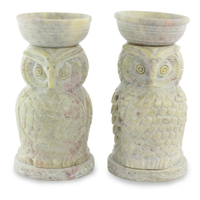 Hand Carved Soapstone Owl Aromatic Oil Warmers (Pair)
