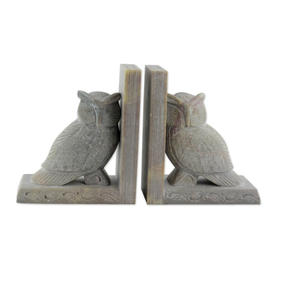 Hand Carved Soapstone Owl Bookends (Pair)