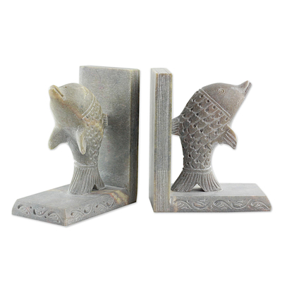 Hand Carved Soapstone Dolphin Bookends (Pair)