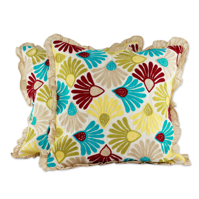 Floral Embroidered Cushion Covers with Ruffles (Pair)