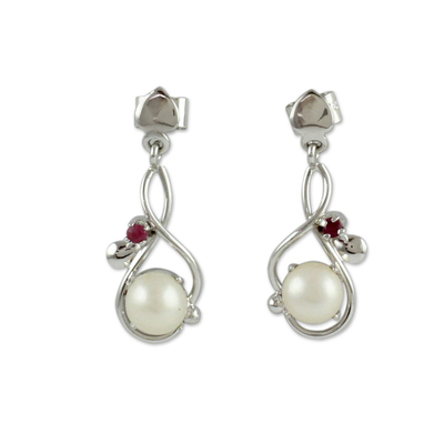 Modern Pearl and Ruby Earrings