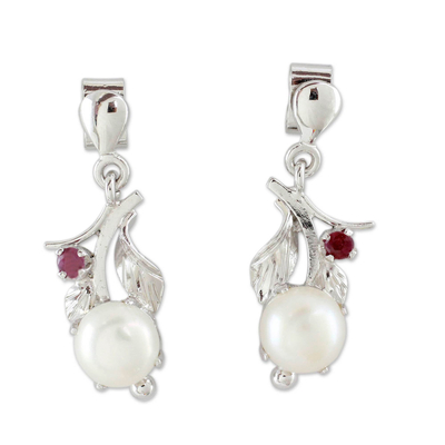 Floral Pearl and Ruby Earrings
