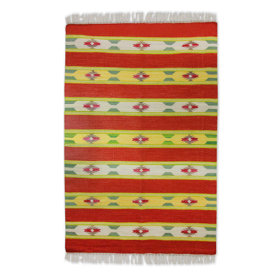 Red and Yellow Handwoven Wool Dhurrie Rug (4 x 6)