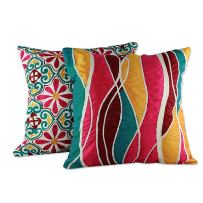 Bright Embroidered Applique Cushion Covers (Pair)