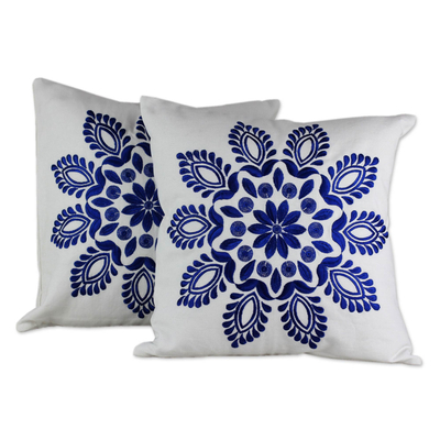 Blue and White Embroidered Floral Cushion Covers (Pair)