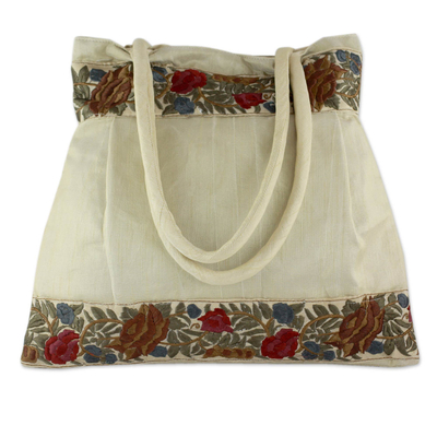 Beige Floral Embroidery Shoulder Bag