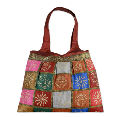 Red Tote Handbag with Golden Block Prints