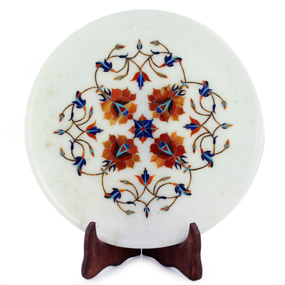 Marble Inlay Plate with Wood Stand