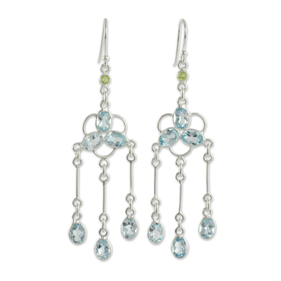 Blue Topaz and Peridot Silver Chandelier Earrings