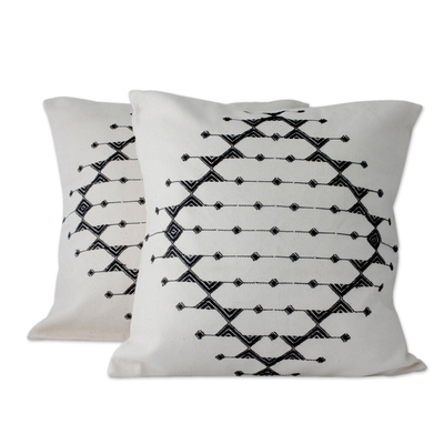 Cotton Patterned Black and Off White Cushion Covers (Pair)
