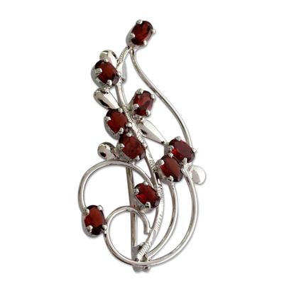 Floral Garnet and Sterling Silver Brooch Pin