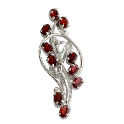 Floral Garnet and Sterling Silver Brooch Pin from India