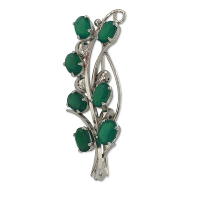 Artisan Crafted Green Onyx and Silver Brooch Pin from India