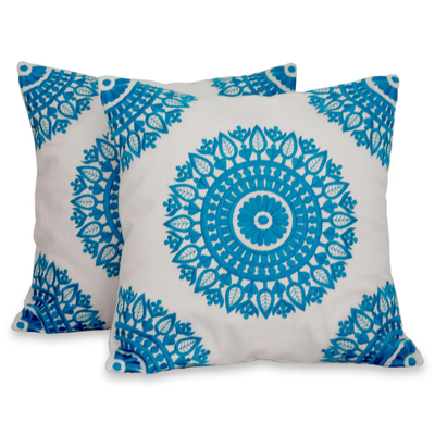 Embroidered Blue on White Cushion Covers from India (Pair)