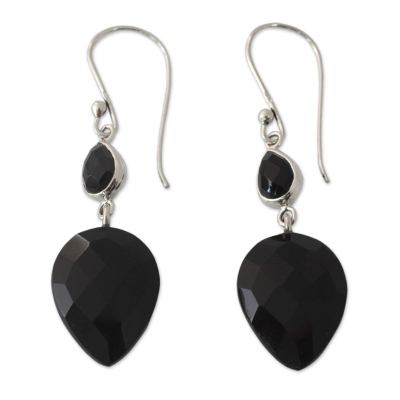 Faceted Black Onyx Dangle Earrings from India