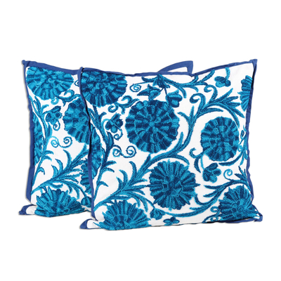 Blue Floral Embroidered Cushion Covers from India (pair)