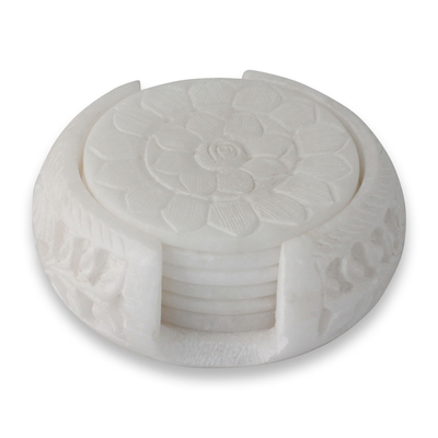 Hand Carved White Marble Coasters and Holder (set of 6)
