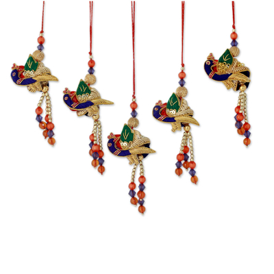 Embellished Fabric Peacock Christmas Ornaments (set of 5)