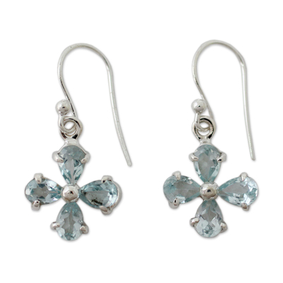 Flower Shaped Blue Topaz Dangle Earrings in 925 Silver