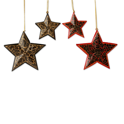 Hand Painted Black Wood Star Christmas Ornaments (Set of 4)