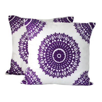 Embroidered Purple on White Cushion Covers from India (Pair)