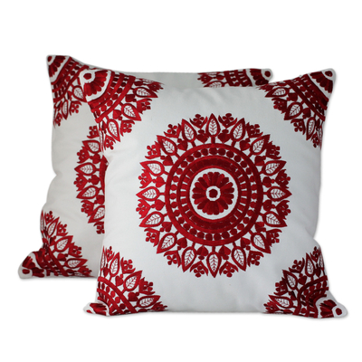 Embroidered Red on White Cushion Covers from India (Pair)