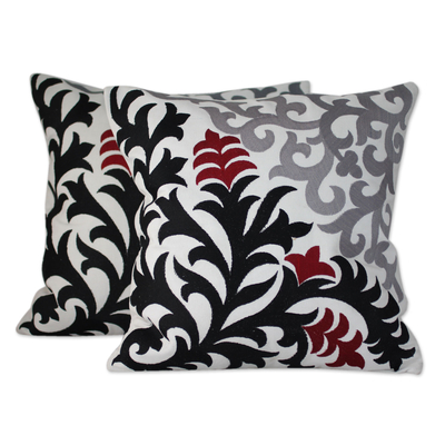 Floral Embroidered Black & White Cotton Cushion Cover Pair
