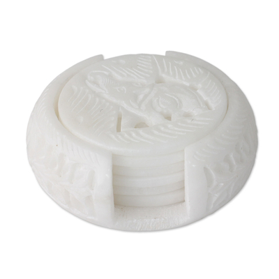 Artisan Crafted White Marble Coasters and Holder (Set of 6)