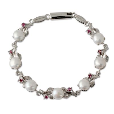 Pearl and Ruby Floral Silver Link Bracelet from India