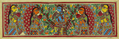 Madhubani Signed Painting with Hindu Lord Krishna