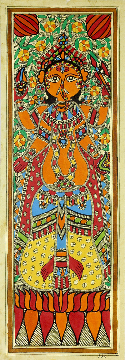 Hindu Deity Signed Madhubani Painting from India