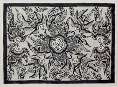 Original Black and White Indian Folk Art Madhubani Painting