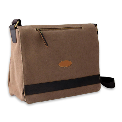Brown Leather Trimmed Cotton Laptop Bag for Women